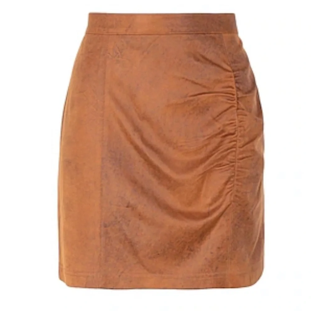 Free People Rumi Ruched Faux Leather Mini Skirt in Camel
